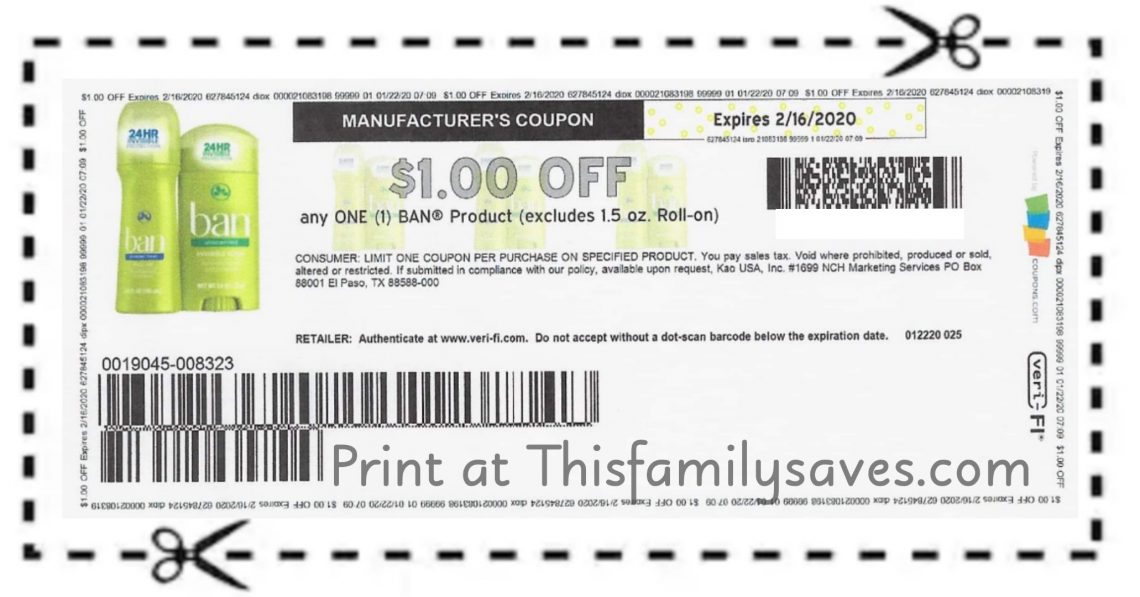 New Rare $1.00 any ONE (1) BAN Deodorant Coupon – Click to Print