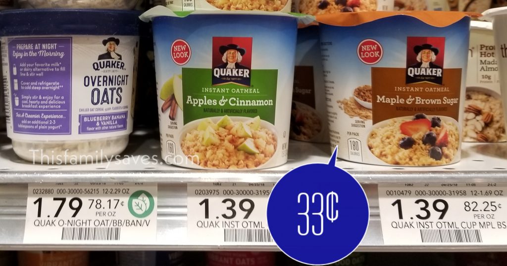 Quaker Instant Oatmeal Cups – Only 33¢ each